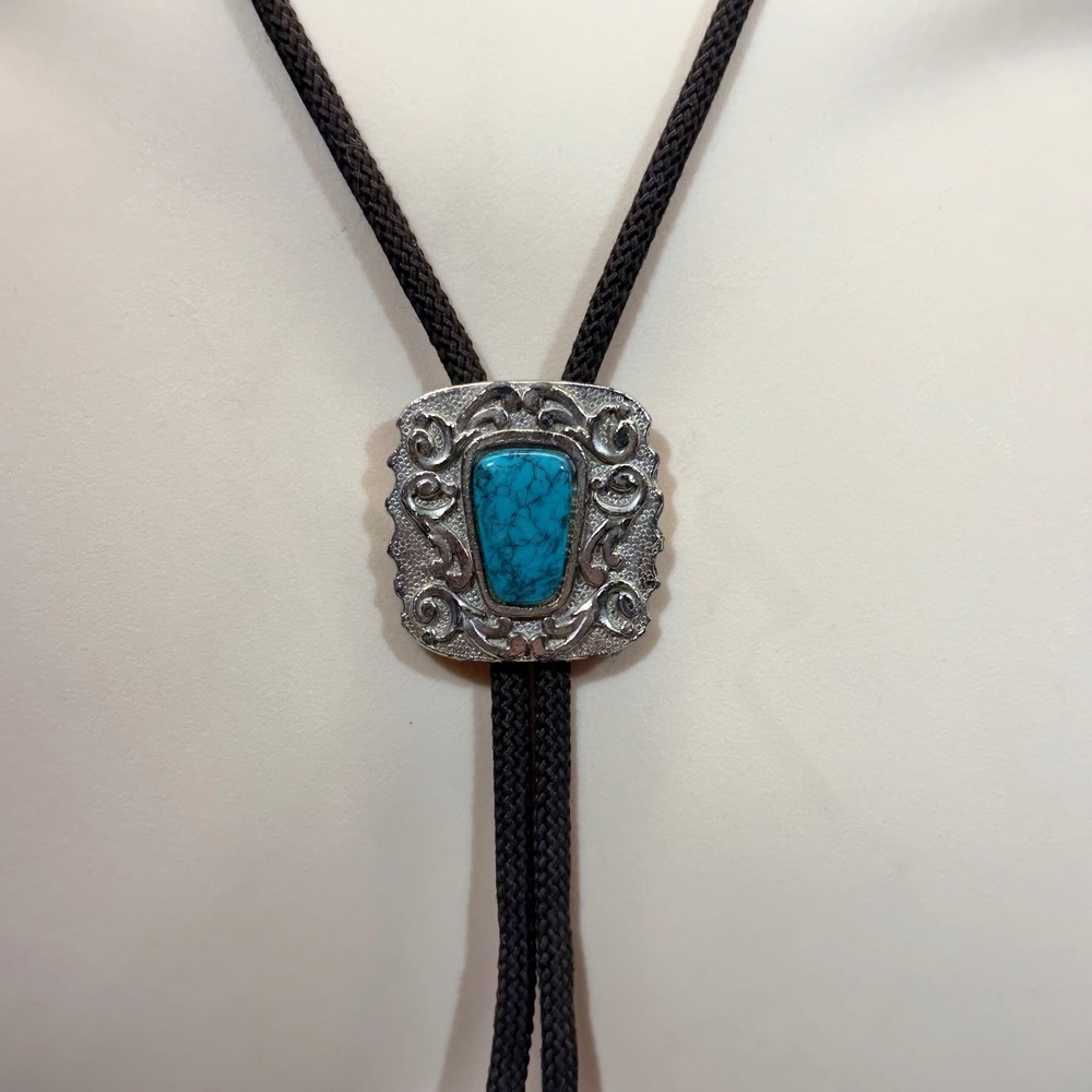 Unbranded Bolo Tie OS Black Silver Turquoise Western Southwestern Filigree - Picture 2 of 5